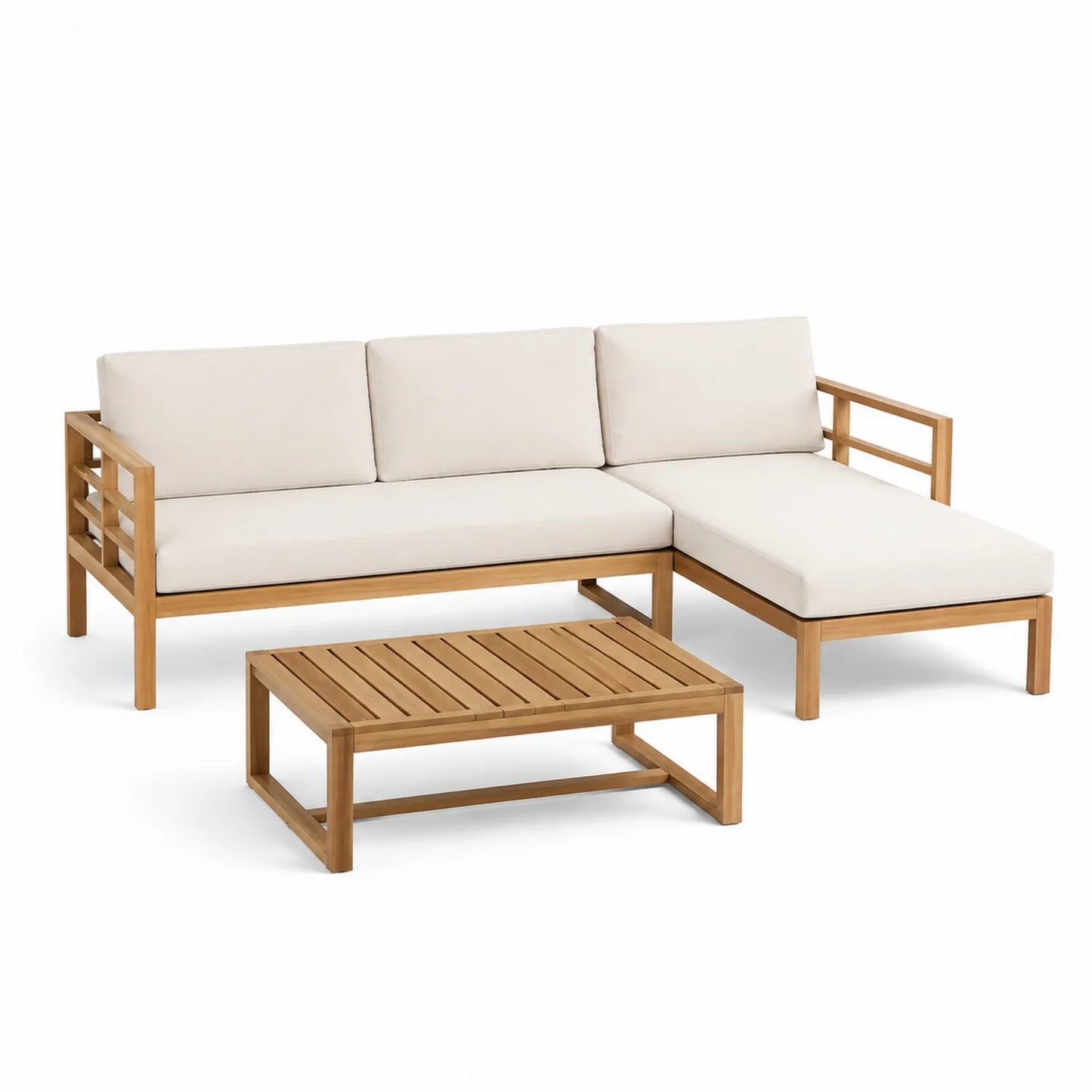 Gartensofa-Set aus Akazienholz mit cremeweißen Kissen und Tisch
