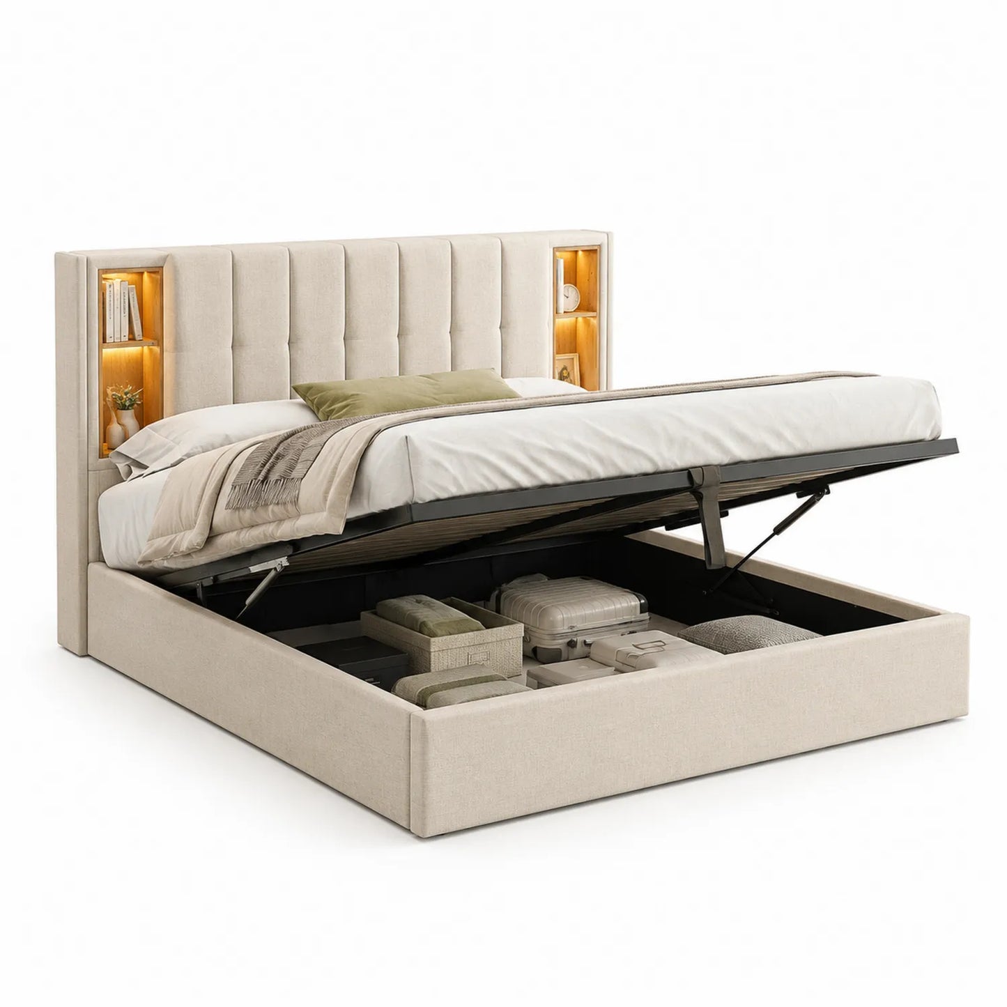 Beigefarbenes Stoffbett mit Stauraum und Regalkopfteil 200x160 cm