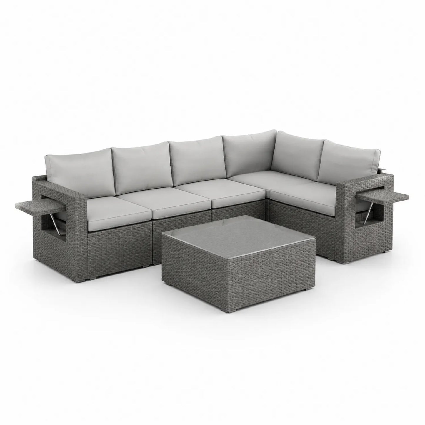 Eck-Gartensofa Set aus Polyrattan mit Kissen und Tisch, Grau